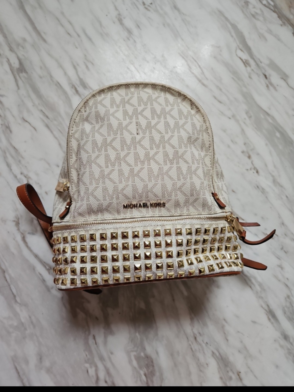 Michael Kors Cream Logo Mini Backpack with Gold Studs
